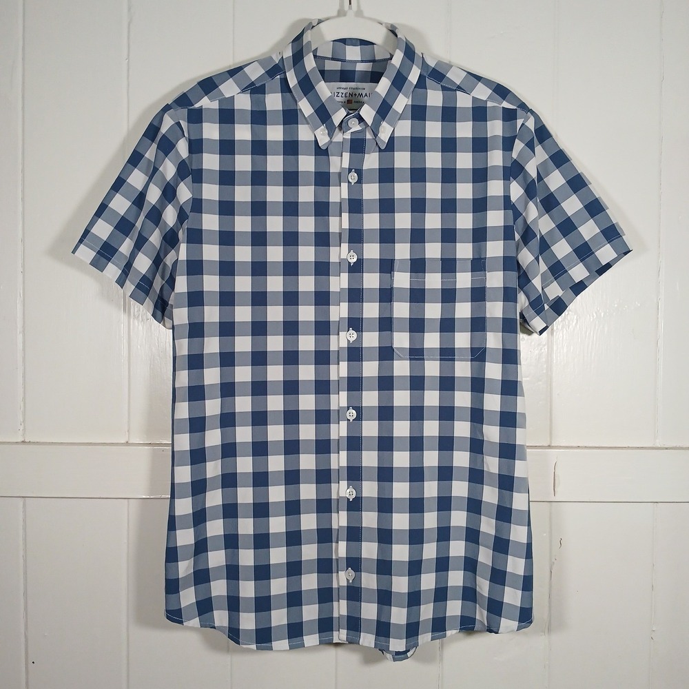 Mizzen+Main Leeward Blue Gingham Short Sleeve Shirt Mens Medium Trim Fit 20086